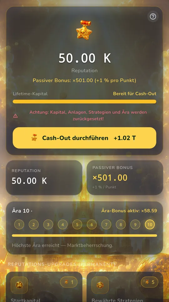 Compound Idle screenshot: cash-out screen with reputation, passive bonus and progress through the ten eras