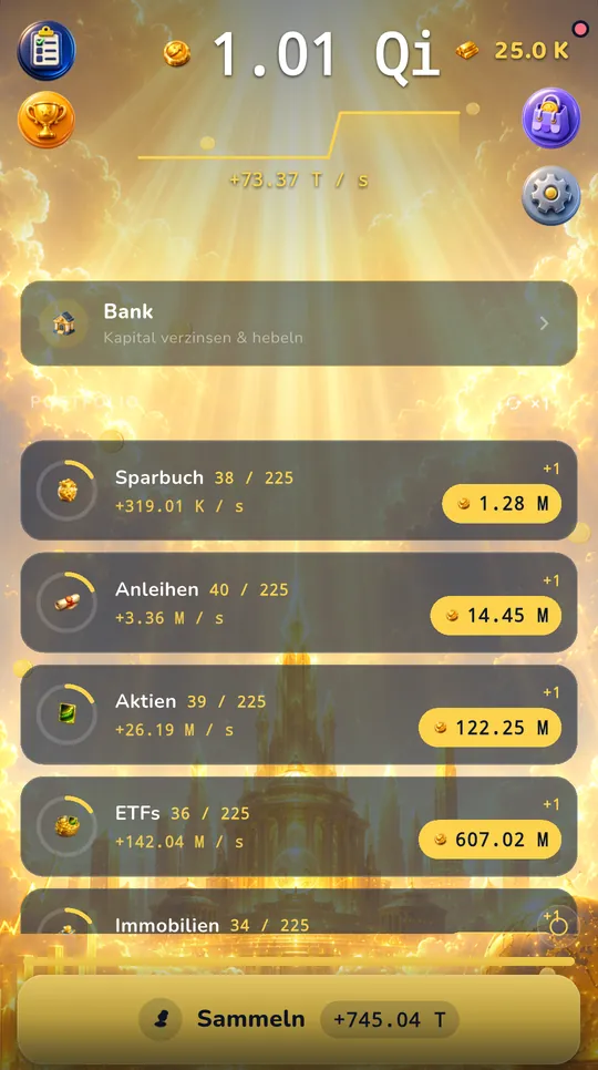 Compound Idle screenshot: portfolio with savings account, bonds, stocks and ETFs and their income per second