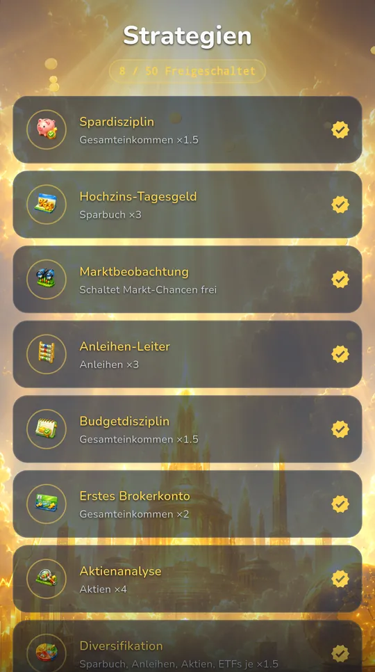 Compound Idle screenshot: list of unlocked strategies that multiply income