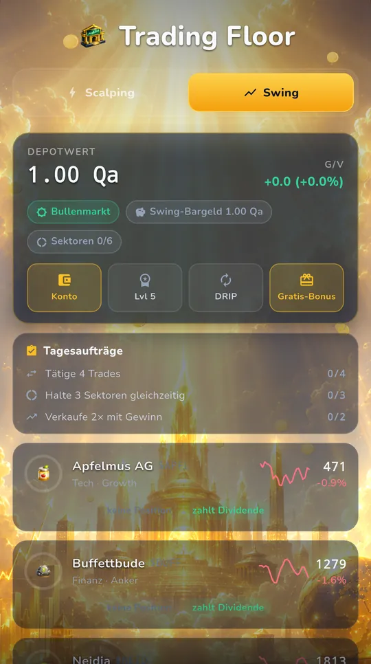Compound Idle screenshot: Trading Floor in swing mode with portfolio value, bull market, daily tasks and stock prices